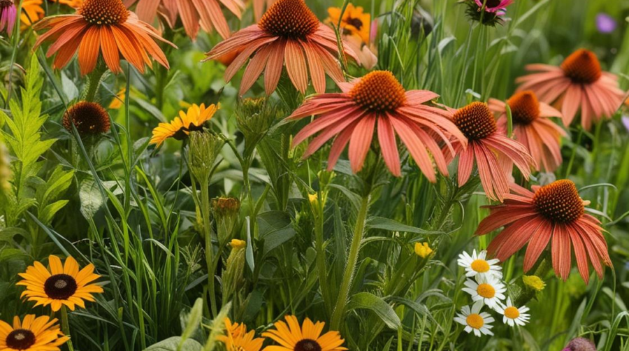 flowers, natural setting, coneflowers, wild bergamot, rudbeckia, daisies