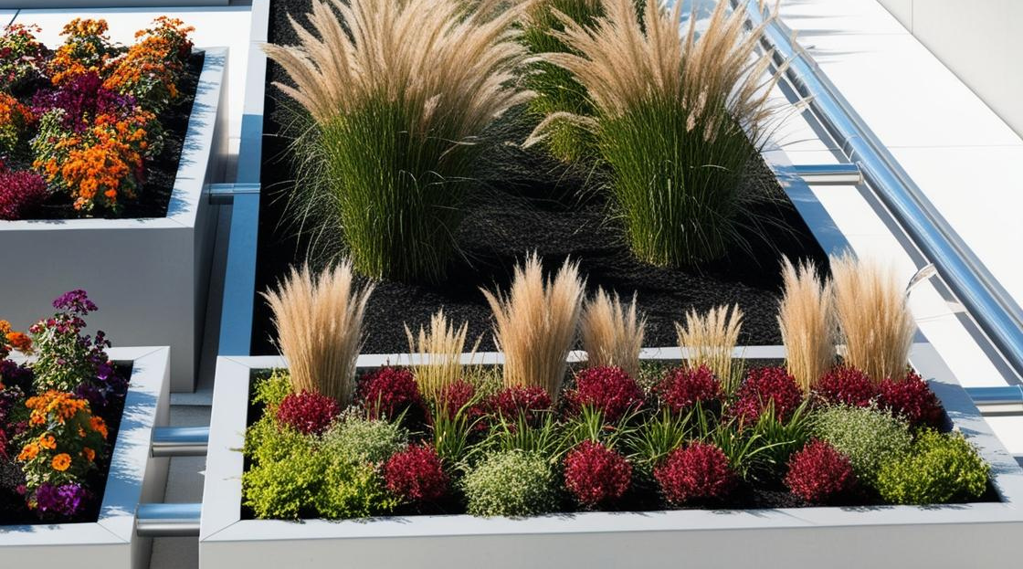 grasses, blooming plants, vegetables, modern raised beds, joined by water pipes