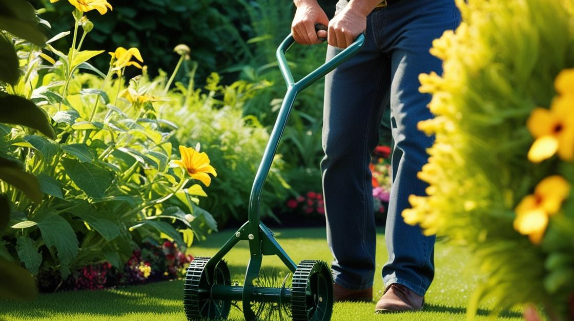 garden beds, lawn, man using Aeration tool.