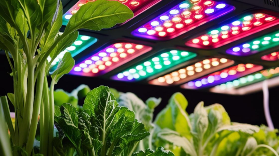 colored led grow lights, vegetables lush