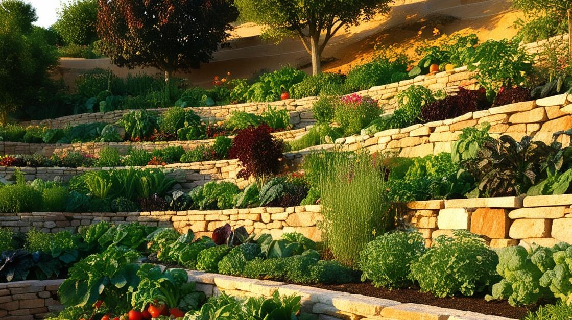 stone terraces, soil, blooming plants, hillside, trees