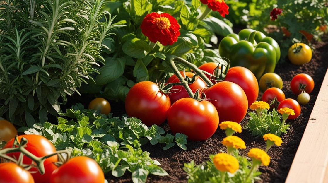 raised bed, blooming flowers, vegetables growing