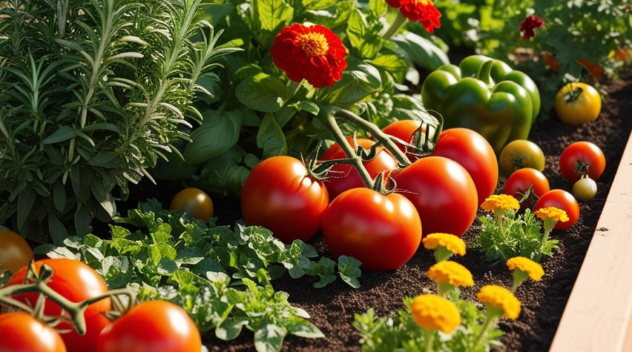 raised bed, blooming flowers, vegetables growing