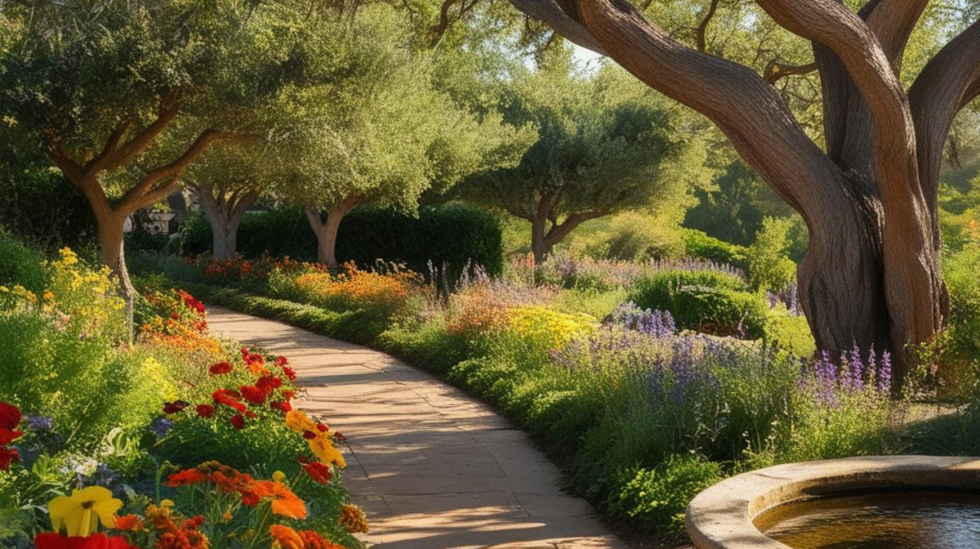 trees, garden path, water feature, blooming plants, lighting.