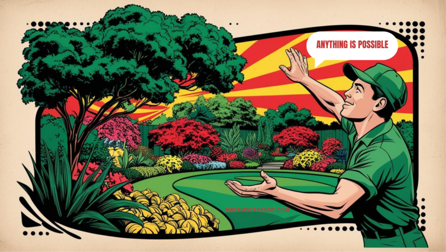 ILLUSTRATED MAN IMAGINING A DREAM BACKYARD GARDEN