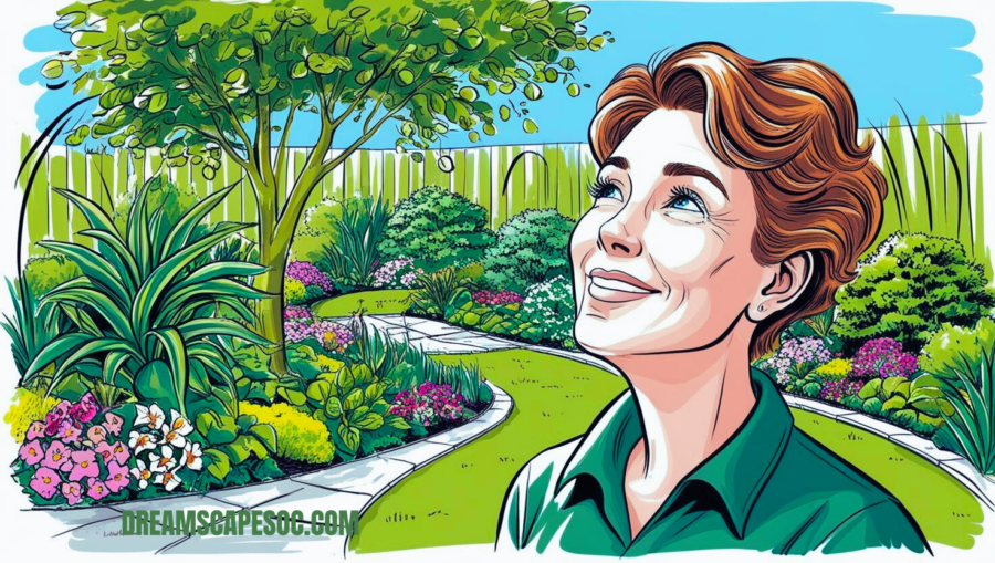 Gardener looking at her green lush garden