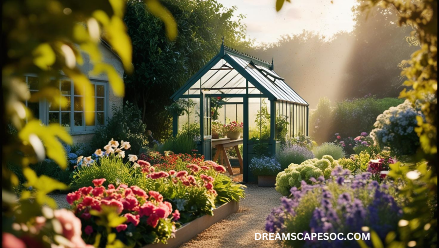 Backyard Greenhouse surrounded by cottage garden